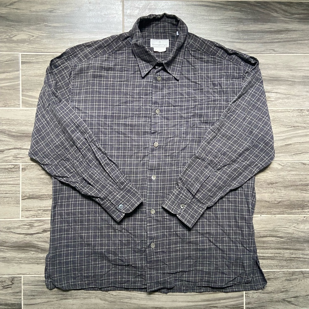 Ermenegildo Zegna Dark Gray Plaid Button Down Shirt